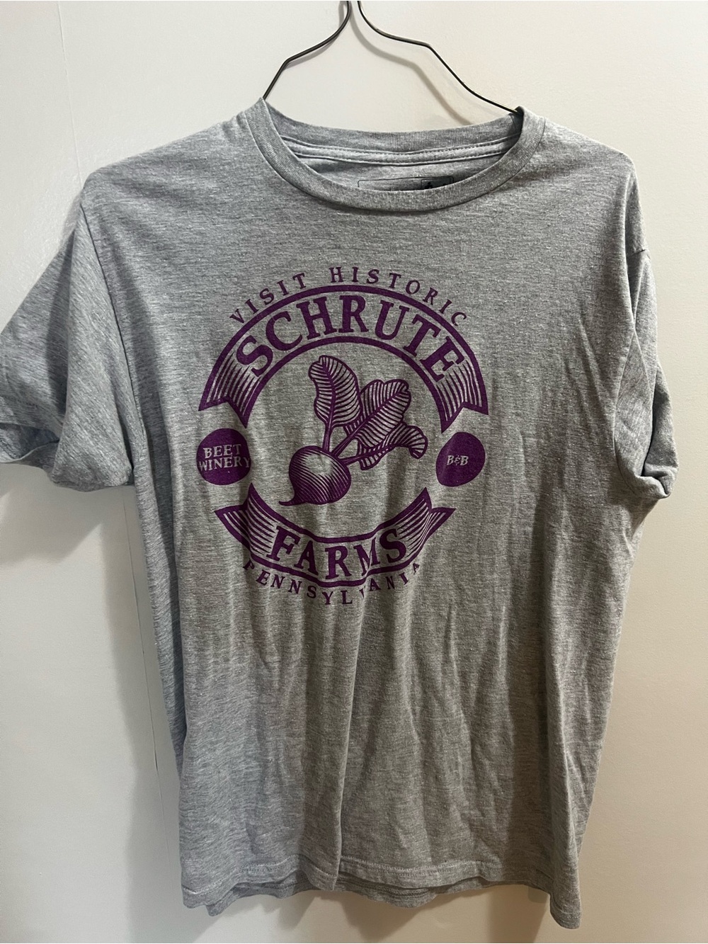 Schrute Farms Graphic Tee - Gray with Purple Print